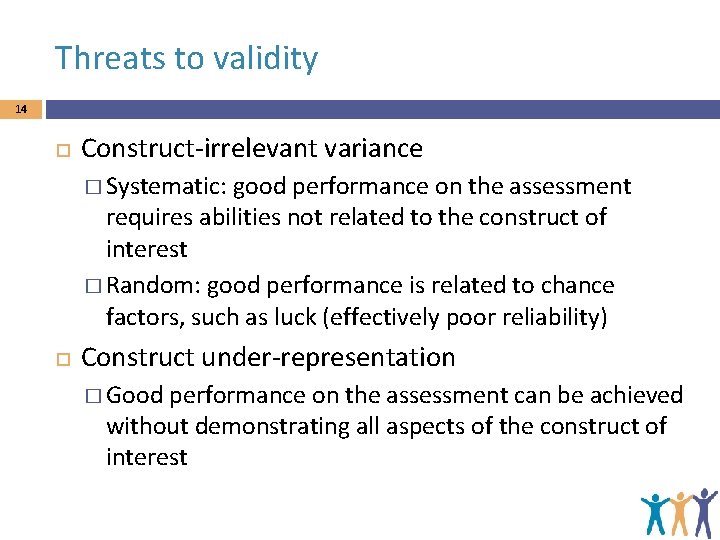 Threats to validity 14 Construct-irrelevant variance � Systematic: good performance on the assessment requires