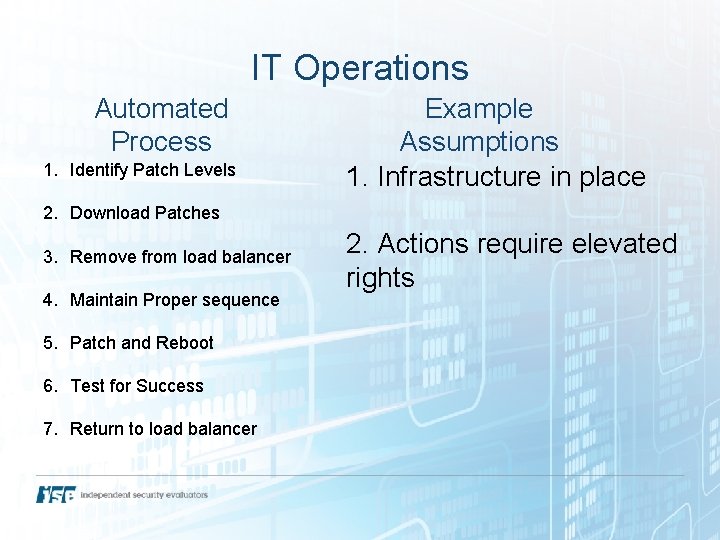 IT Operations Automated Process 1. Identify Patch Levels Example Assumptions 1. Infrastructure in place IT Operations Automated Process 1. Identify Patch Levels Example Assumptions 1. Infrastructure in place
