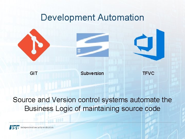 Development Automation GIT Subversion TFVC Source and Version control systems automate the Business Logic