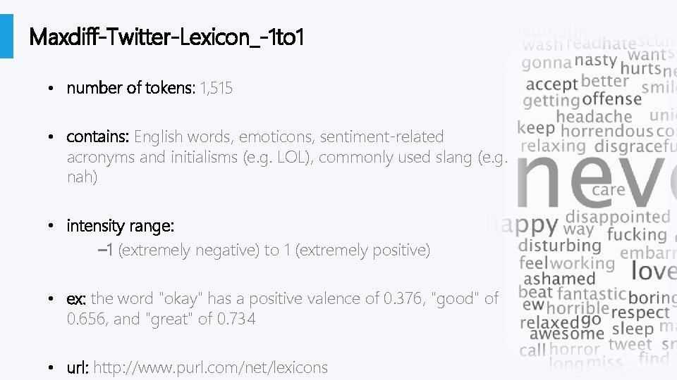 Maxdiff-Twitter-Lexicon_-1 to 1 • number of tokens: 1, 515 • contains: English words, emoticons,