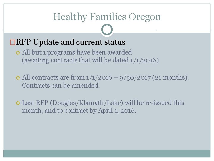 Healthy Families Oregon �RFP Update and current status All but 1 programs have been