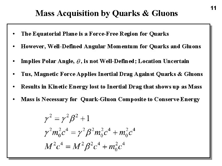 Mass Acquisition by Quarks & Gluons • The Equatorial Plane is a Force-Free Region