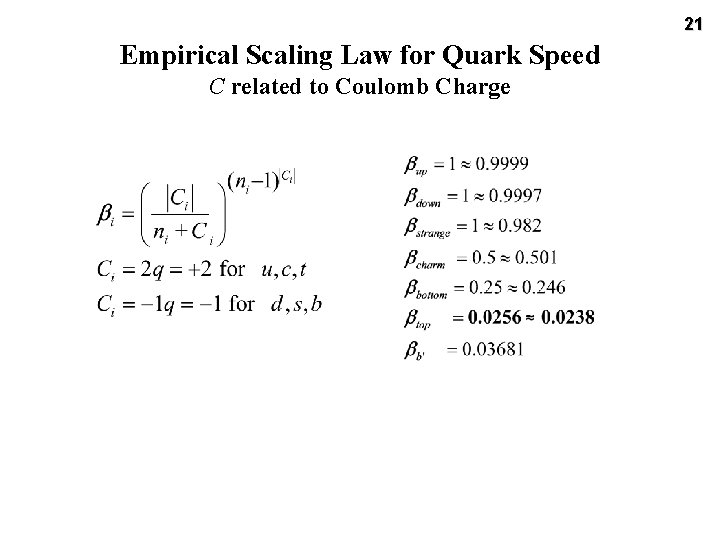 21 Empirical Scaling Law for Quark Speed C related to Coulomb Charge 