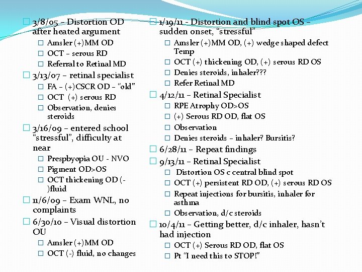 � 3/8/05 – Distortion OD after heated argument � Amsler (+)MM OD � OCT