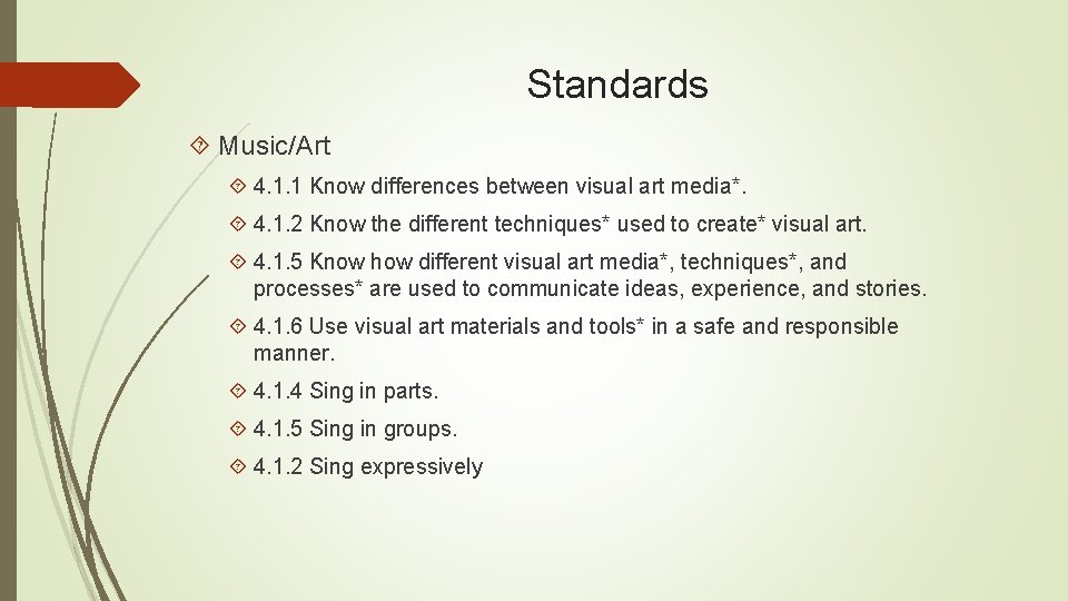 Standards Music/Art 4. 1. 1 Know differences between visual art media*. 4. 1. 2 Standards Music/Art 4. 1. 1 Know differences between visual art media*. 4. 1. 2
