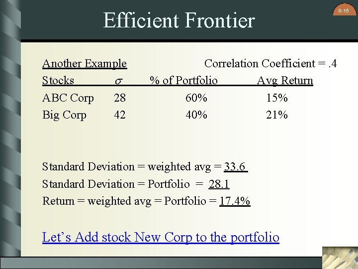 Efficient Frontier Another Example Stocks s ABC Corp 28 Big Corp 42 Correlation Coefficient