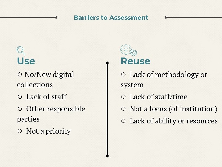 Barriers to Assessment Use ○ No/New digital Reuse ○ Lack of methodology or collections Barriers to Assessment Use ○ No/New digital Reuse ○ Lack of methodology or collections