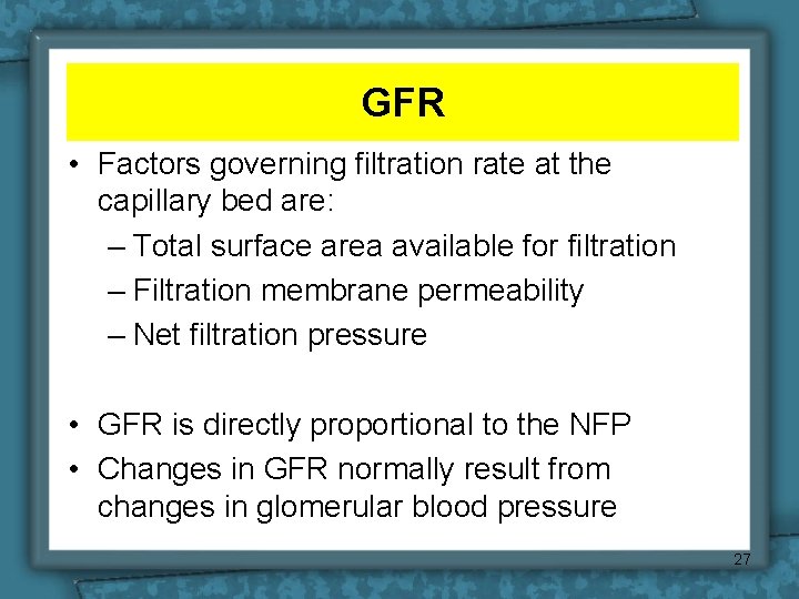 GFR • Factors governing filtration rate at the capillary bed are: – Total surface
