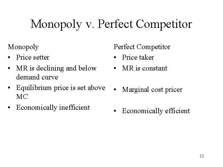 Monopoly v. Perfect Competitor Monopoly • Price setter • MR is declining and below