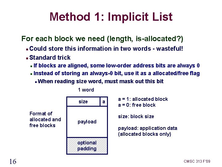 Method 1: Implicit List For each block we need (length, is-allocated? ) Could store