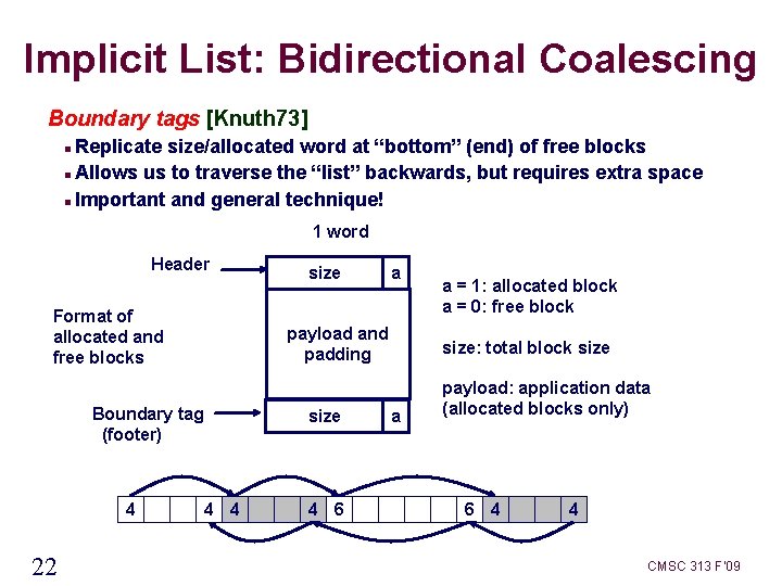 Implicit List: Bidirectional Coalescing Boundary tags [Knuth 73] Replicate size/allocated word at “bottom” (end)