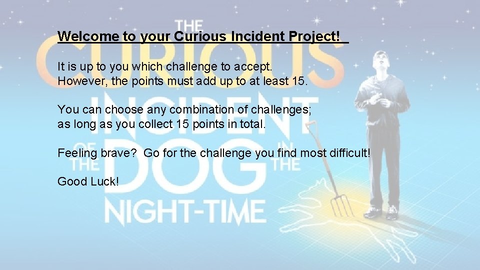 Welcome to your Curious Incident Project! It is up to you which challenge to