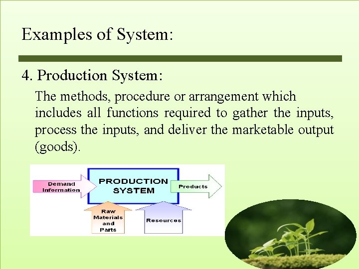 Examples of System: 4. Production System: The methods, procedure or arrangement which includes all Examples of System: 4. Production System: The methods, procedure or arrangement which includes all