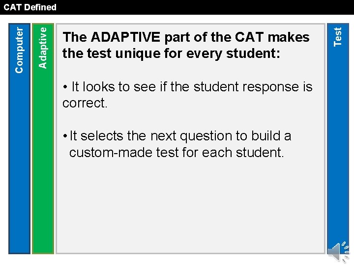 The ADAPTIVE part of the CAT makes the test unique for every student: •