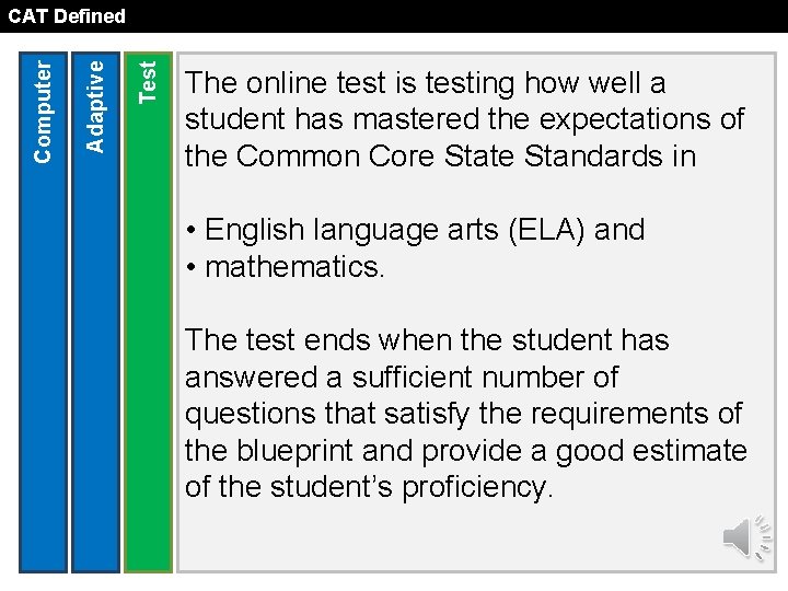 Test Adaptive Computer CAT Defined The online test is testing how well a student