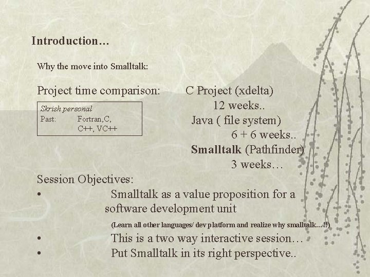 Introduction… Why the move into Smalltalk: Project time comparison: Skrish personal Past: Fortran, C,