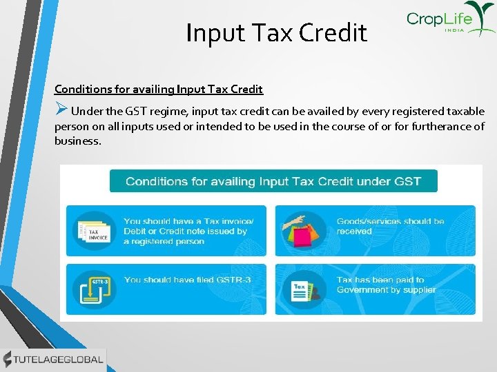 Input Tax Credit Conditions for availing Input Tax Credit Ø Under the GST regime,