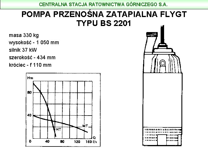 CENTRALNA STACJA RATOWNICTWA GÓRNICZEGO S. A. POMPA PRZENOŚNA ZATAPIALNA FLYGT TYPU BS 2201 masa