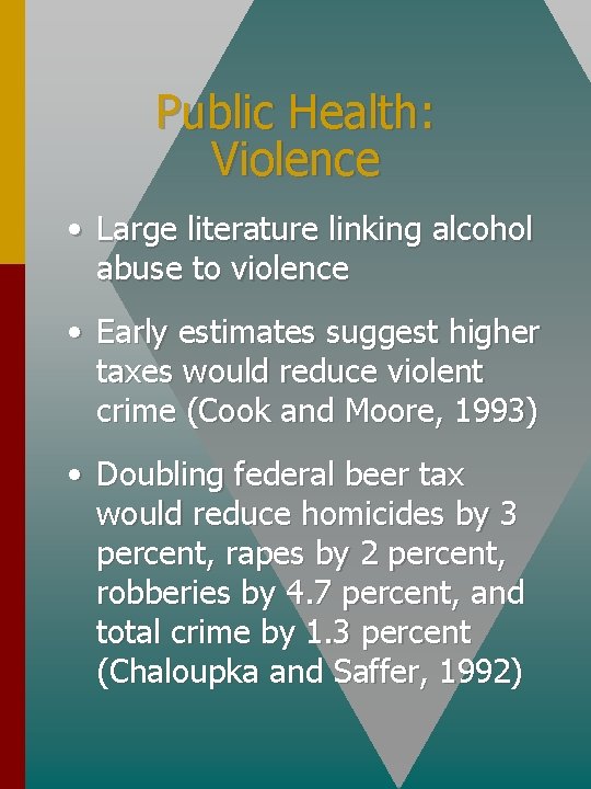 Public Health: Violence • Large literature linking alcohol abuse to violence • Early estimates