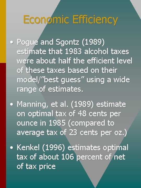 Economic Efficiency • Pogue and Sgontz (1989) estimate that 1983 alcohol taxes were about