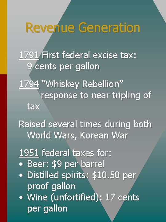 Revenue Generation 1791 First federal excise tax: 9 cents per gallon 1794 “Whiskey Rebellion”