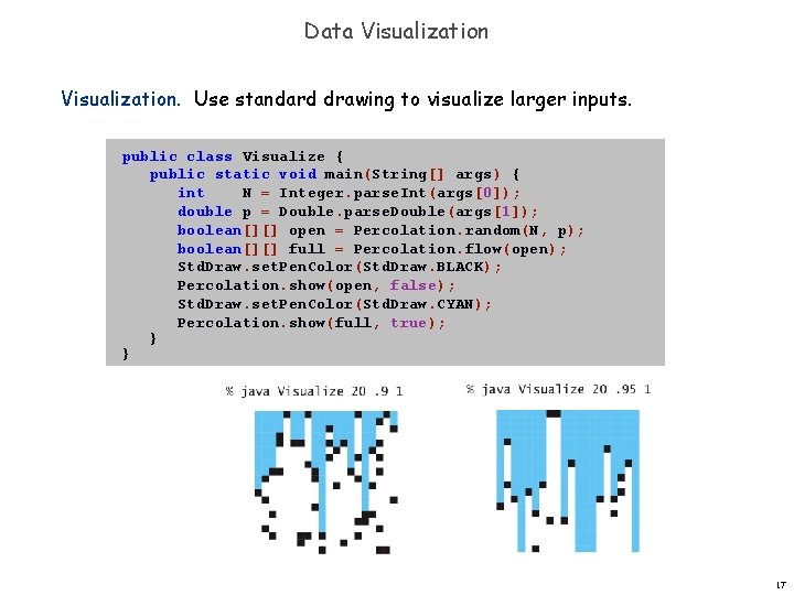 Data Visualization. Use standard drawing to visualize larger inputs. public class Visualize { public