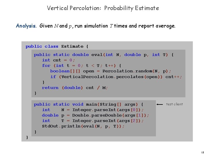 Vertical Percolation: Probability Estimate Analysis. Given N and p, run simulation T times and