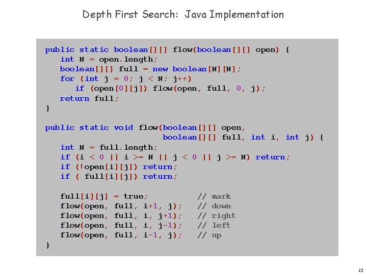 Depth First Search: Java Implementation public static boolean[][] flow(boolean[][] open) { int N =