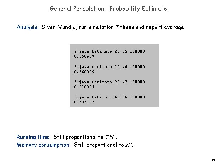 General Percolation: Probability Estimate Analysis. Given N and p, run simulation T times and