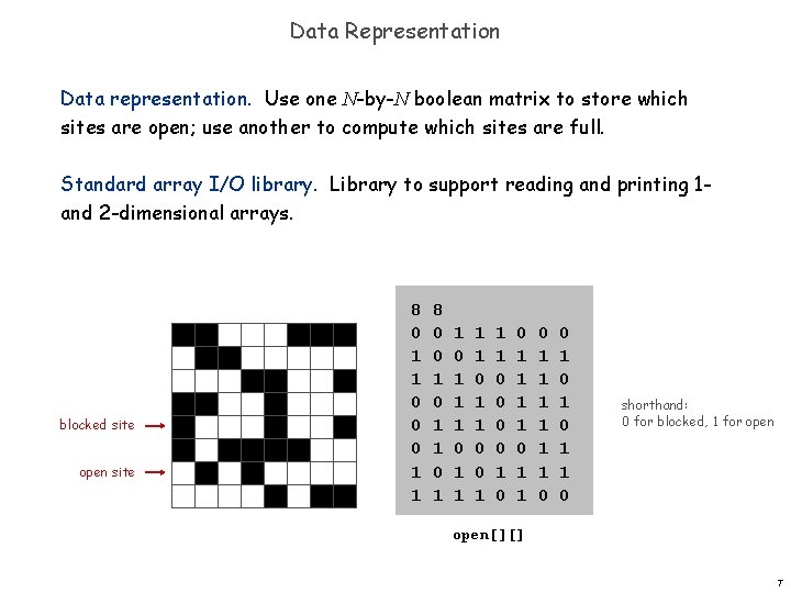 Data Representation Data representation. Use one N-by-N boolean matrix to store which sites are