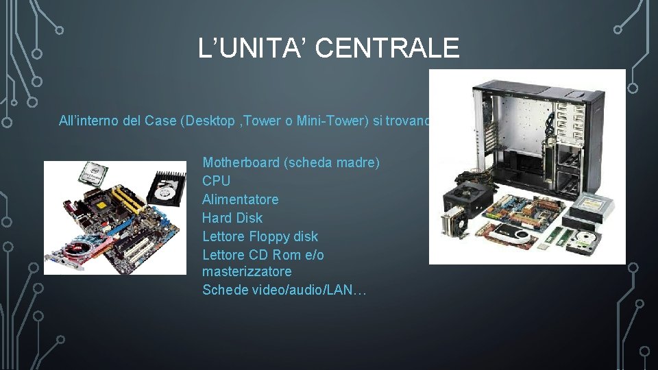 L’UNITA’ CENTRALE All’interno del Case (Desktop , Tower o Mini-Tower) si trovano: Motherboard (scheda L’UNITA’ CENTRALE All’interno del Case (Desktop , Tower o Mini-Tower) si trovano: Motherboard (scheda