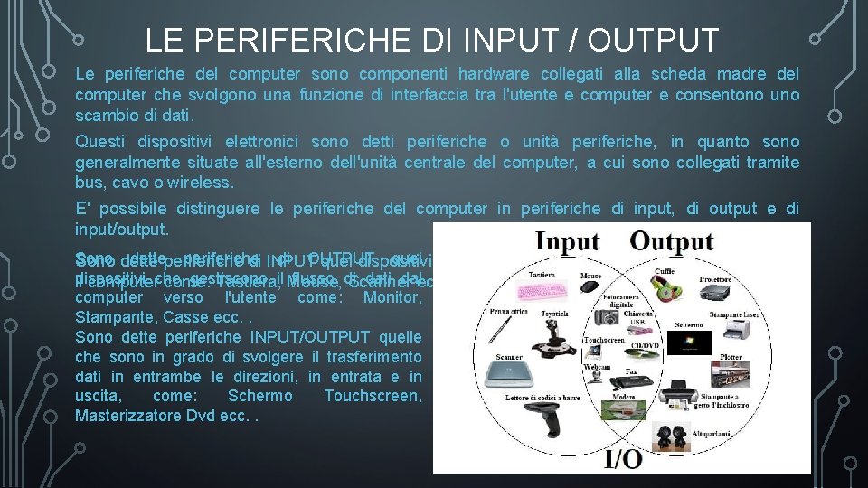 LE PERIFERICHE DI INPUT / OUTPUT Le periferiche del computer sono componenti hardware collegati LE PERIFERICHE DI INPUT / OUTPUT Le periferiche del computer sono componenti hardware collegati