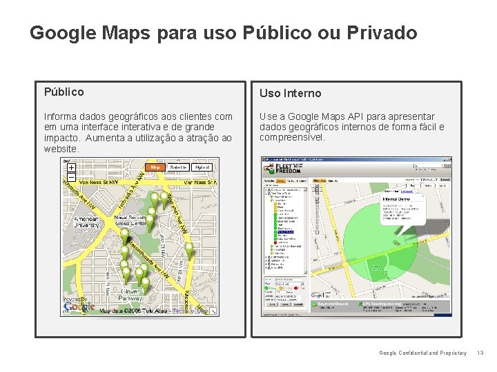 Google Maps para uso Público ou Privado Público Uso Interno Informa dados geográficos aos