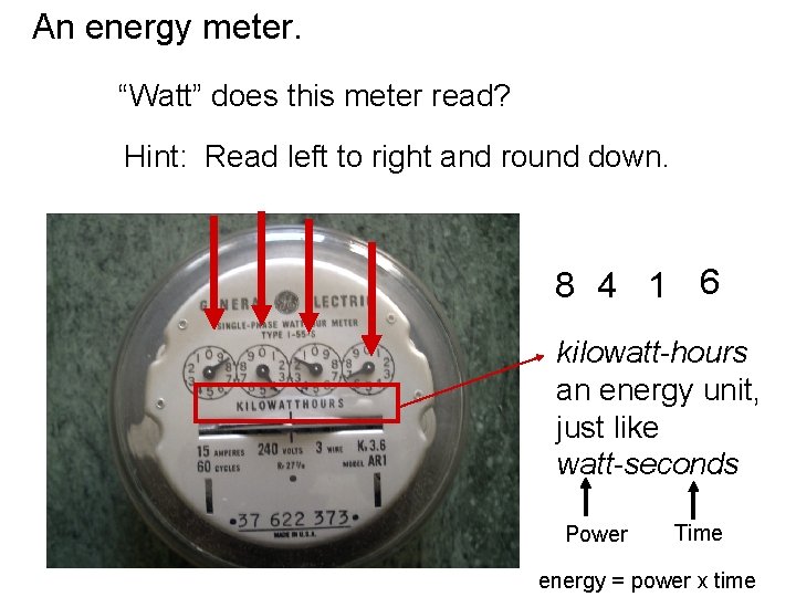An energy meter. “Watt” does this meter read? Hint: Read left to right and