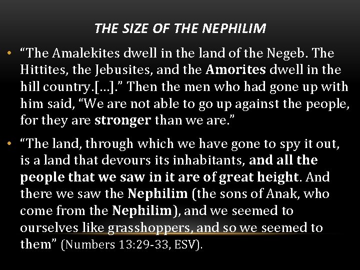 THE SIZE OF THE NEPHILIM • “The Amalekites dwell in the land of the