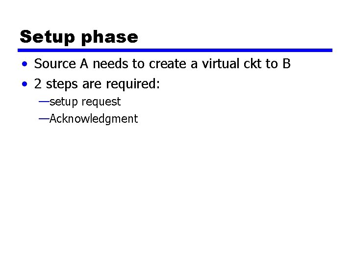 Setup phase • Source A needs to create a virtual ckt to B •