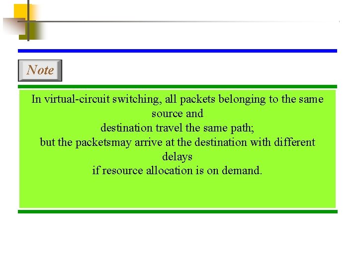 Note In virtual-circuit switching, all packets belonging to the same source and destination travel
