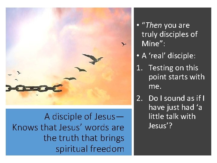 A disciple of Jesus— Knows that Jesus’ words are the truth that brings spiritual