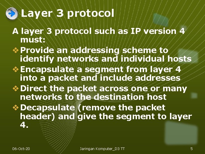 Layer 3 protocol A layer 3 protocol such as IP version 4 must: v Layer 3 protocol A layer 3 protocol such as IP version 4 must: v