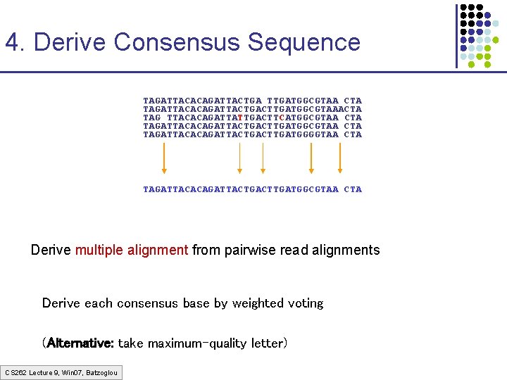 4. Derive Consensus Sequence TAGATTACACAGATTACTGA TTGATGGCGTAA CTA TAGATTACACAGATTACTGACTTGATGGCGTAAACTA TAG TTACACAGATTATTGACTTCATGGCGTAA CTA TAGATTACACAGATTACTGACTTGATGGGGTAA CTA TAGATTACACAGATTACTGACTTGATGGCGTAA 4. Derive Consensus Sequence TAGATTACACAGATTACTGA TTGATGGCGTAA CTA TAGATTACACAGATTACTGACTTGATGGCGTAAACTA TAG TTACACAGATTATTGACTTCATGGCGTAA CTA TAGATTACACAGATTACTGACTTGATGGGGTAA CTA TAGATTACACAGATTACTGACTTGATGGCGTAA