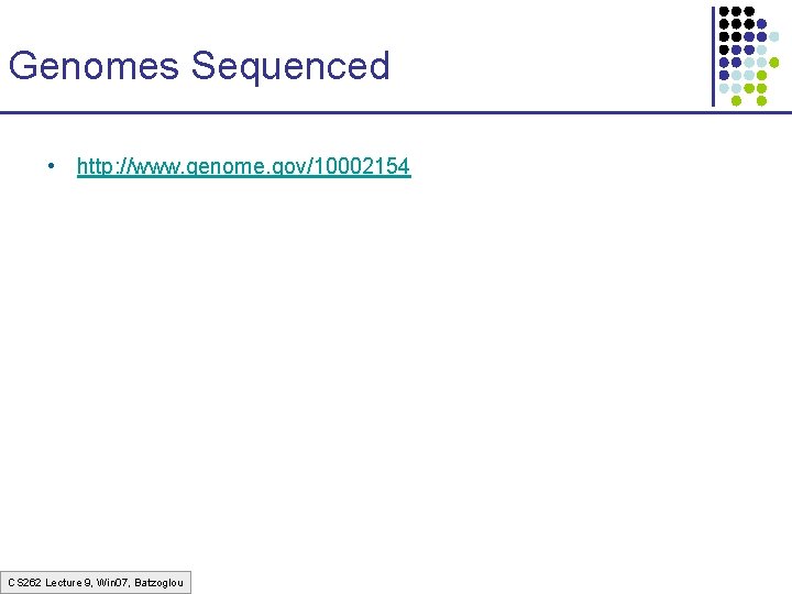 Genomes Sequenced • http: //www. genome. gov/10002154 CS 262 Lecture 9, Win 07, Batzoglou Genomes Sequenced • http: //www. genome. gov/10002154 CS 262 Lecture 9, Win 07, Batzoglou