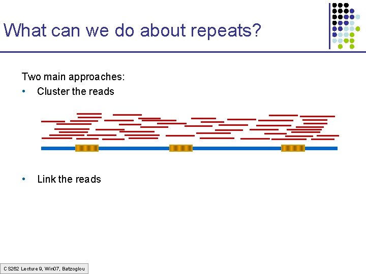 What can we do about repeats? Two main approaches: • Cluster the reads • What can we do about repeats? Two main approaches: • Cluster the reads •