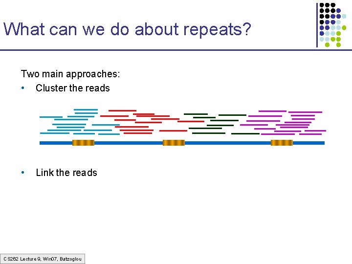 What can we do about repeats? Two main approaches: • Cluster the reads • What can we do about repeats? Two main approaches: • Cluster the reads •