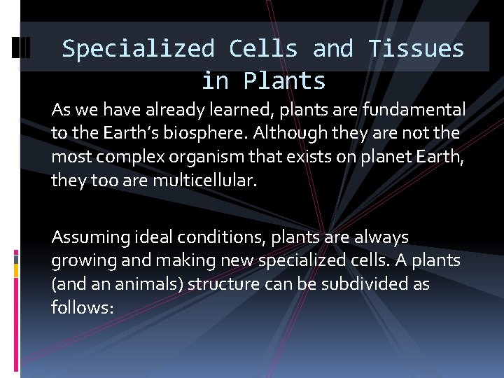 Specialized Cells and Tissues in Plants As we have already learned, plants are fundamental