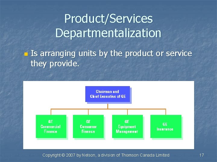 Product/Services Departmentalization n Is arranging units by the product or service they provide. Copyright