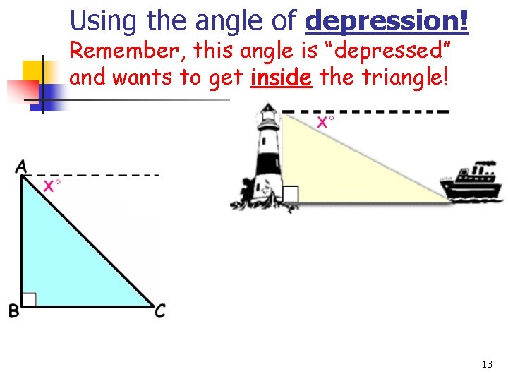 Using the angle of depression! Remember, this angle is “depressed” and wants to get