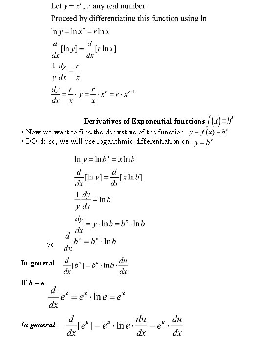 Derivatives of Exponential functions • Now we want to find the derivative of the