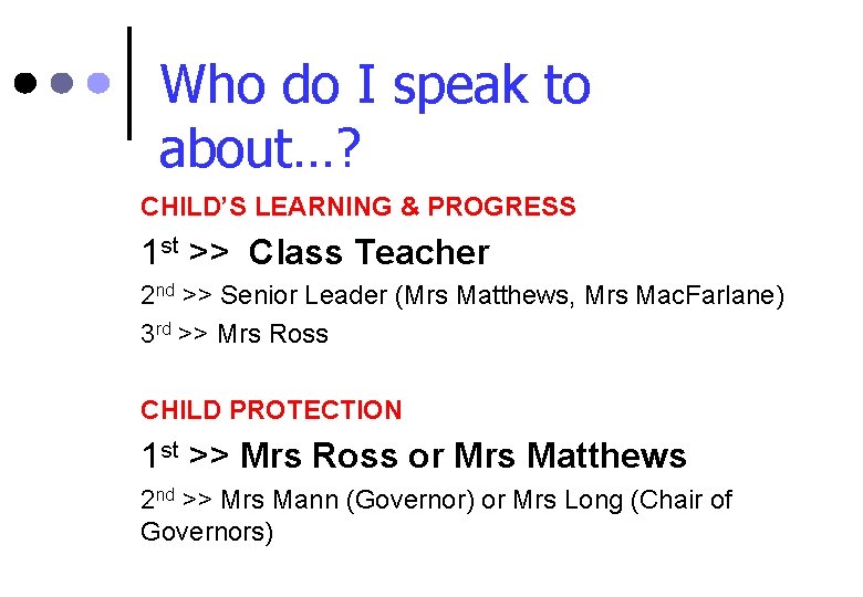 Who do I speak to about…? CHILD’S LEARNING & PROGRESS 1 st >> Class