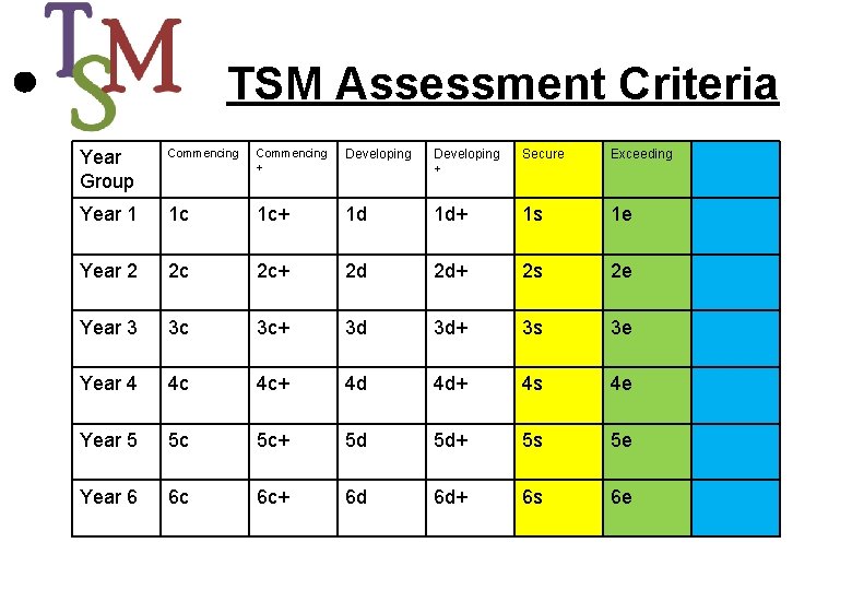 TSM Assessment Criteria Year Group Commencing + Developing + Secure Exceeding Year 1 1
