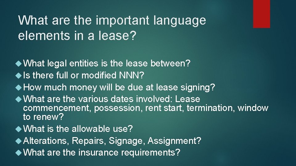 What are the important language elements in a lease? What legal entities is the